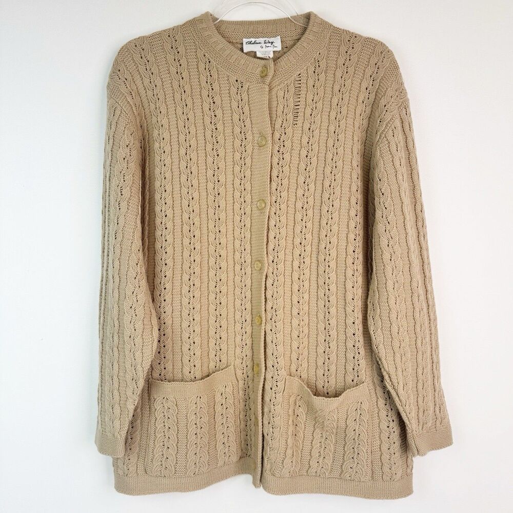Vintage 80s Acrylic Cable Knit Cardigan Sweater Women XL Beige Grandma Cottage
